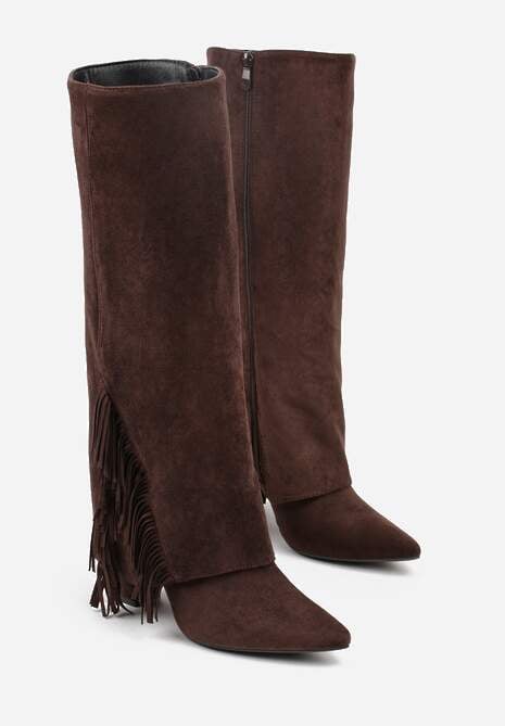 Brązowe Kozaki na Słupkowym Obcasie z Cholewką Imitującą Nogawkę z Frędzlami Linafela 5