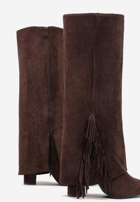 Brązowe Kozaki na Słupkowym Obcasie z Cholewką Imitującą Nogawkę z Frędzlami Linafela 6