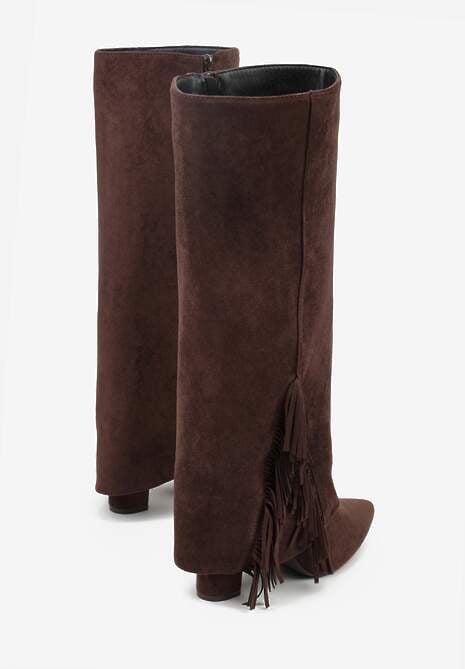 Brązowe Kozaki na Słupkowym Obcasie z Cholewką Imitującą Nogawkę z Frędzlami Linafela 7