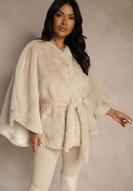 Beżowe Futerkowe Ponczo Ozdobione Paskiem Monareva 4