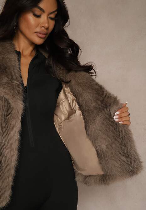 Jasnobrązowa Kurtka Futerko Ozdobione Cieniowanym Motywem Monideva 5