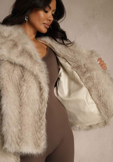 Beżowa Kurtka Futerko Ozdobione Cieniowanym Motywem Monideva 5