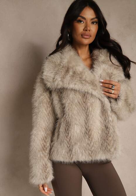 Beżowa Kurtka Futerko Ozdobione Cieniowanym Motywem Monideva