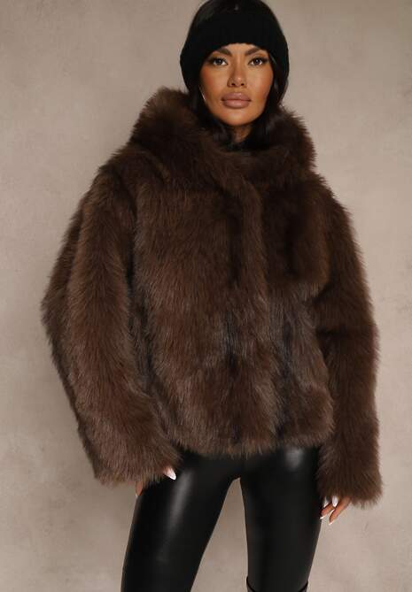 Brązowa Kurtka Futerko z Nieodpinanym Kapturem Tusnema