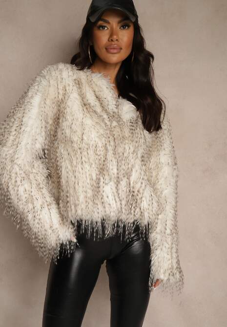 Biała Kurtka Futerko Ozdobione Cieniowaniem Tusirra