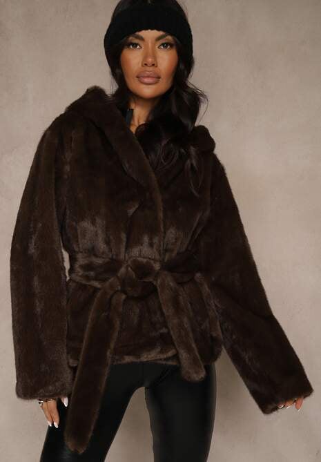 Brązowa Futerkowa Kurtka z Kapturem i Wiązanym Paskiem Zetele 4