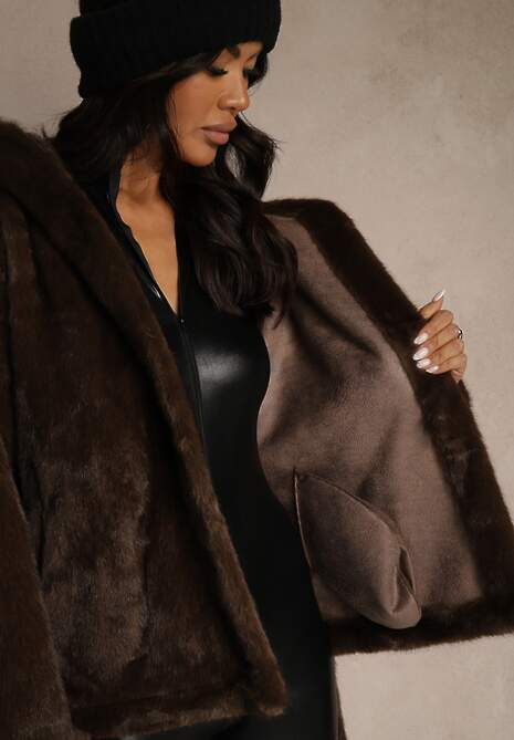 Brązowa Futerkowa Kurtka z Kapturem i Wiązanym Paskiem Zetele 5