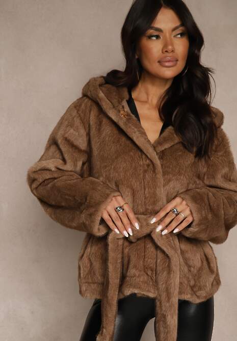 Jasnobrązowa Futerkowa Kurtka z Kapturem i Wiązanym Paskiem Zetele 4