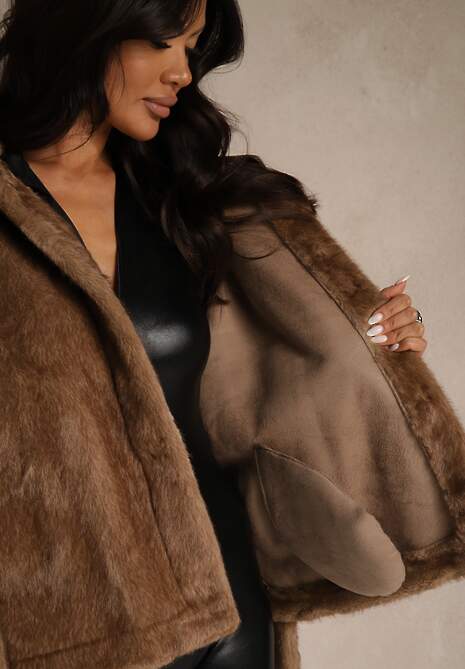 Jasnobrązowa Futerkowa Kurtka z Kapturem i Wiązanym Paskiem Zetele 5