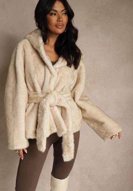 Beżowa Futerkowa Kurtka z Kapturem i Wiązanym Paskiem Zetele 4