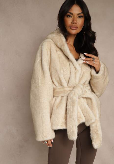 Beżowa Futerkowa Kurtka z Kapturem i Wiązanym Paskiem Zetele 5