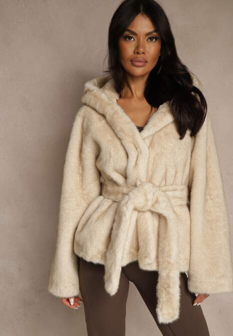 Beżowa Futerkowa Kurtka z Kapturem i Wiązanym Paskiem Zetele