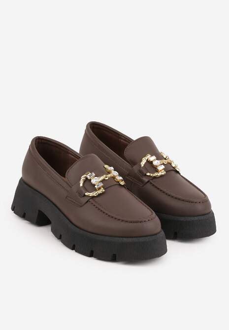 Brązowe Mokasyny na Platfromie w Stylu Chunky Ozdobione Cyrkoniami i Klamrą Tenisea 5