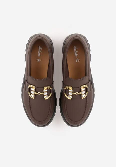 Brązowe Mokasyny na Platfromie w Stylu Chunky Ozdobione Cyrkoniami i Klamrą Tenisea 6