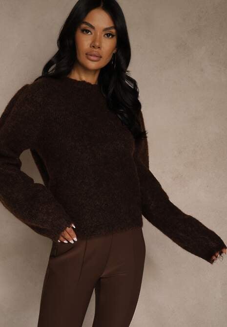 Brązowy Kardigan z Wełną Zdobiony Bufiastymi Rękawami i Wiązaniem na Plecach Tusfina 5