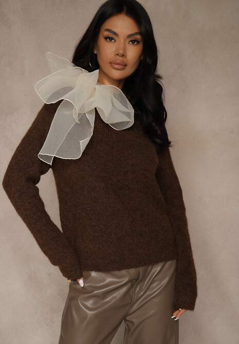 Brązowy Sweter z Dodatkiem Wełny Ozdobiony przy Szyi Wiązaniem Tusmele 4