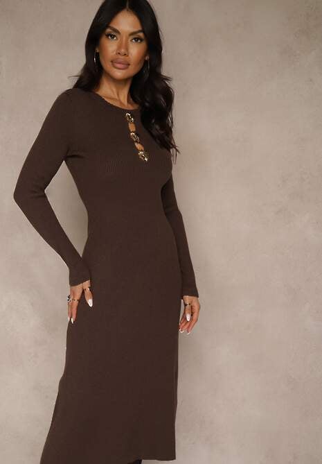 Brązowa Prążkowana Sukienka z Dzianiny z Wiskozą Zdobiona Aplikacjami Tusmeira 4