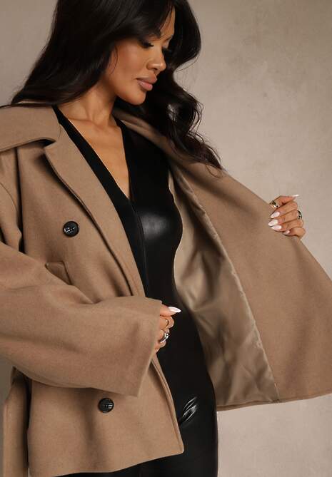 Beżowy Pudełkowy Krótki Płaszcz z Wiskozą z Wiązanym Paskiem i Kołnierzykiem Tusainea 5