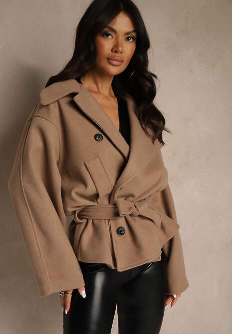 Beżowa Pudełkowa Kurtka z Wiskozą z Wiązanym Paskiem i Kołnierzykiem Tusainea