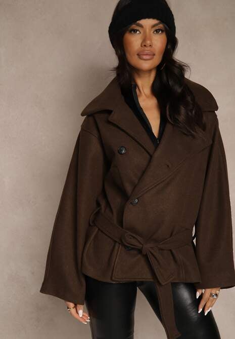 Brązowy Pudełkowy Krótki Płaszcz z Wiskozą z Wiązanym Paskiem i Kołnierzykiem Tusainea 4