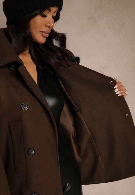 Brązowy Pudełkowy Krótki Płaszcz z Wiskozą z Wiązanym Paskiem i Kołnierzykiem Tusainea 5