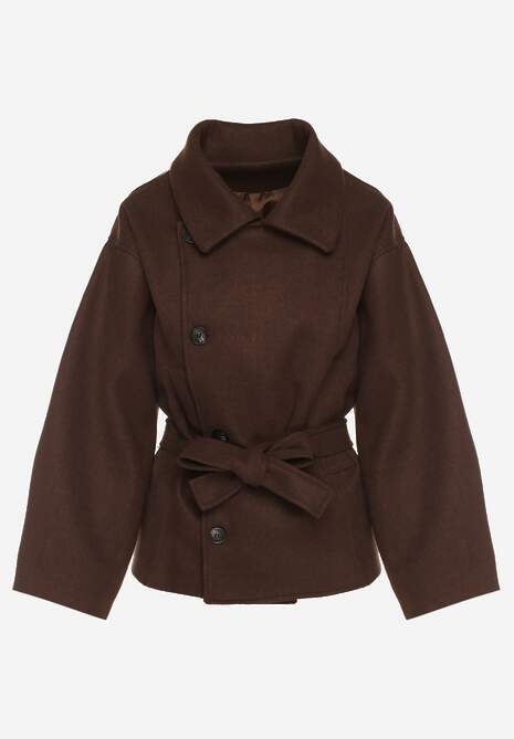 Brązowy Pudełkowy Krótki Płaszcz z Wiskozą z Wiązanym Paskiem i Kołnierzykiem Tusainea 6
