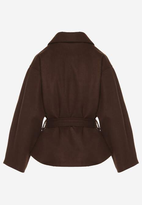 Brązowy Pudełkowy Krótki Płaszcz z Wiskozą z Wiązanym Paskiem i Kołnierzykiem Tusainea 7