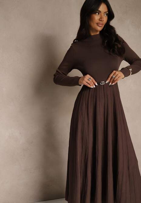 Brązowa Dzianinowa Sukienka Rozkloszowana Longsleeve z Wiskozą i Paskiem Tusnira 4