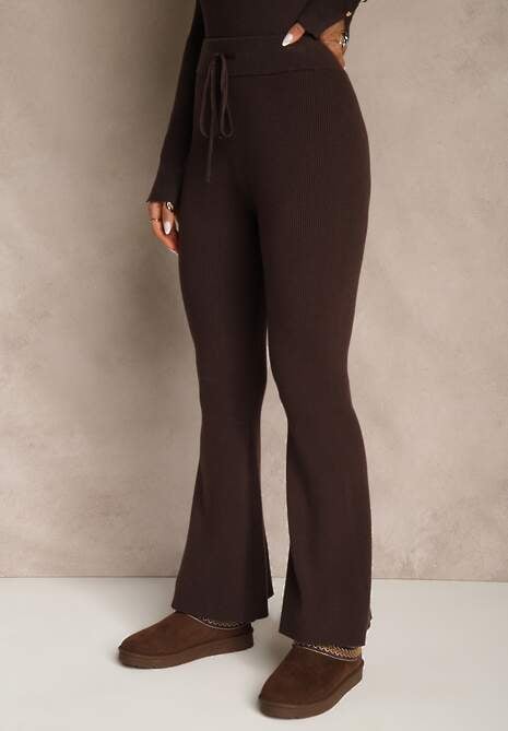 Brązowe Dzianinowe Spodnie z Wiskozą o Kroju Flare Zetene 4