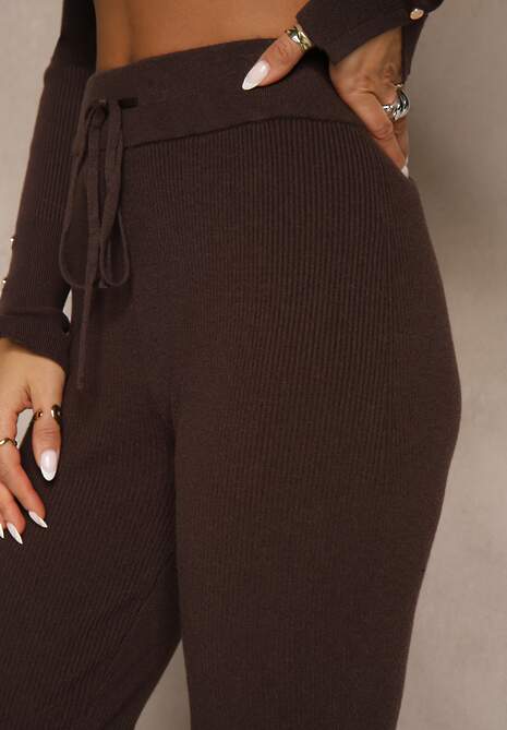 Brązowe Dzianinowe Spodnie z Wiskozą o Kroju Flare Zetene 5