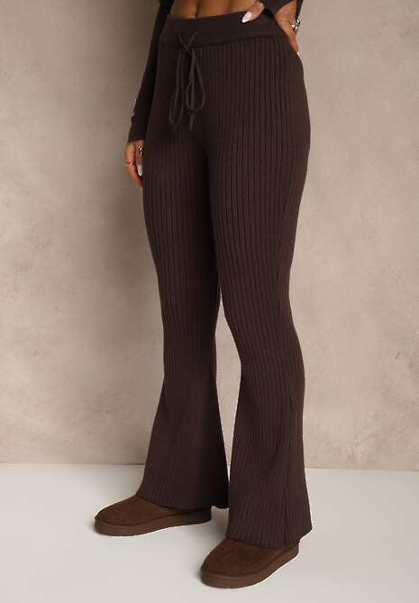 Brązowe Spodnie Dzwony z Wiskozą High Waist Tusrima 4