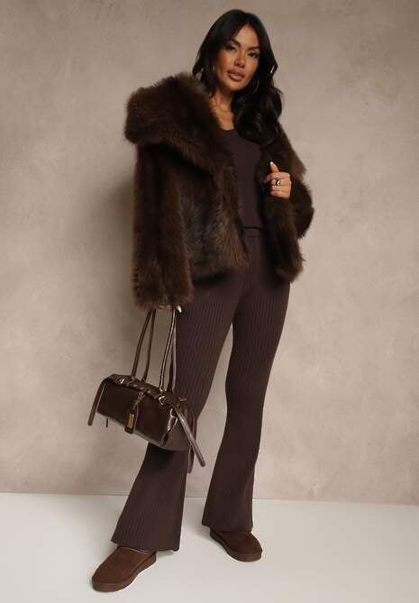 Brązowe Spodnie Dzwony z Wiskozą High Waist Tusrima