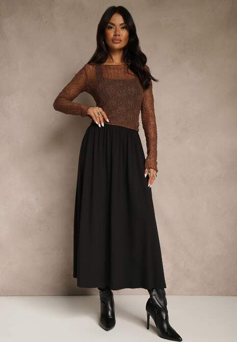 Czarna Rozkloszowana Spódnica z Bawełny Tussala