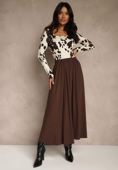 Brązowa Rozkloszowana Spódnica z Bawełny Tussala