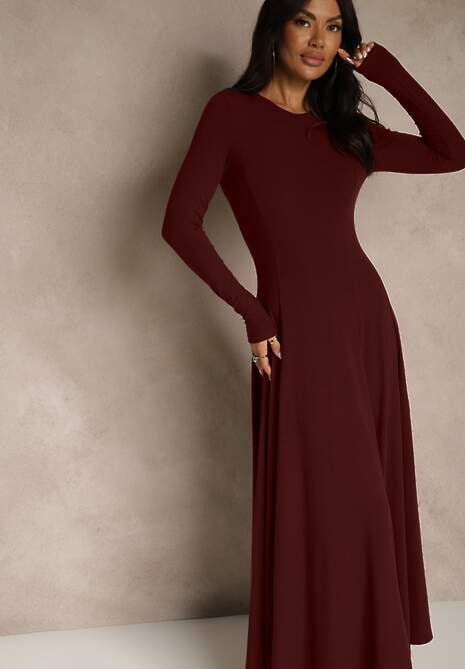 Bordowa Rozkloszowana Sukienka z Bawełny Tusmala 4