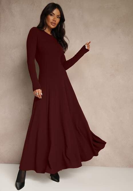 Bordowa Rozkloszowana Sukienka z Bawełny Tusmala