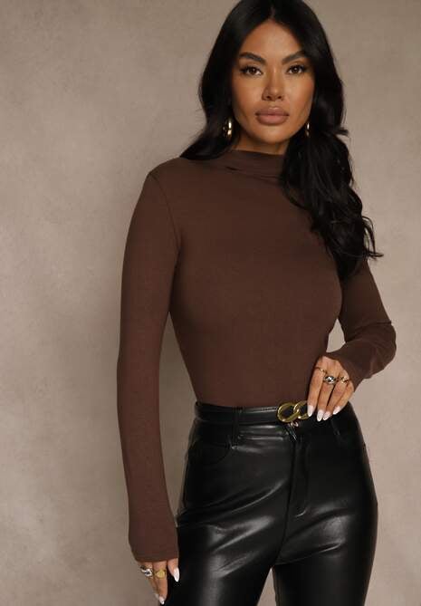 Brązowa Bluzka z Bawełny z Guzikami z Tyłu Tuselia