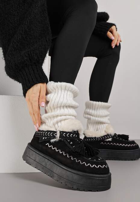 Czarne Śniegowce na Platformie Ozdobione Haftem i Frędzlami  Linomis