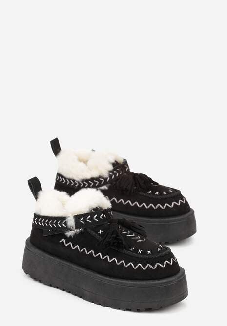 Czarne Śniegowce na Platformie Ozdobione Haftem i Frędzlami  Linomis 5