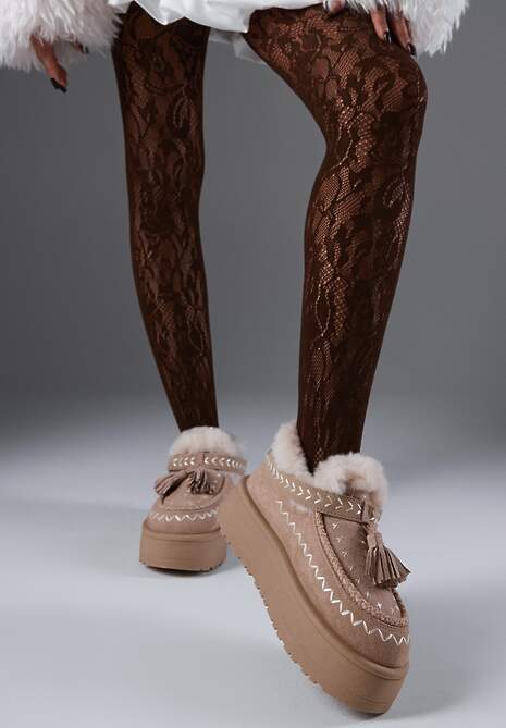 Beżowe Śniegowce na Platformie Ozdobione Haftem i Frędzlami  Linomis