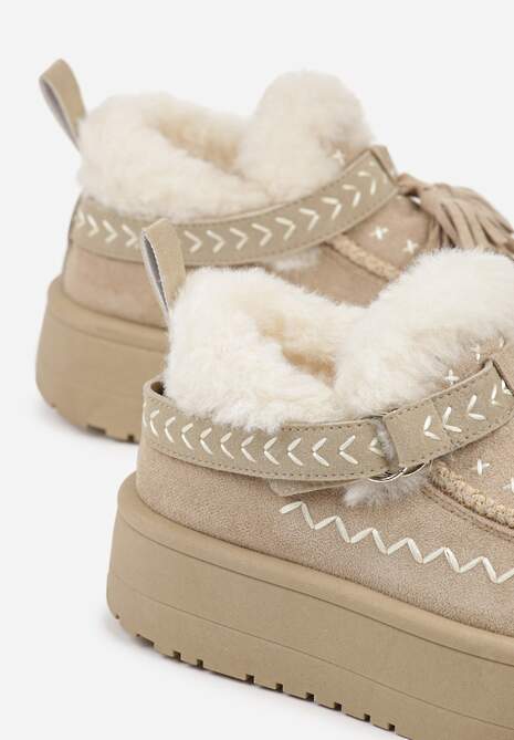 Beżowe Śniegowce na Platformie Ozdobione Haftem i Frędzlami  Linomis 6