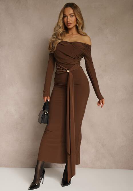 Brązowa Marszczona Sukienka o Dopasowanym Kroju z Trenem i Rozcięciem Aluilea 4