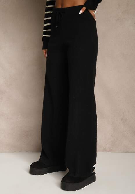Czarny Komplet z Bawełną i Wełną Spodnie o Szerokim Kroju i Sweter w Paski Reimeia 4