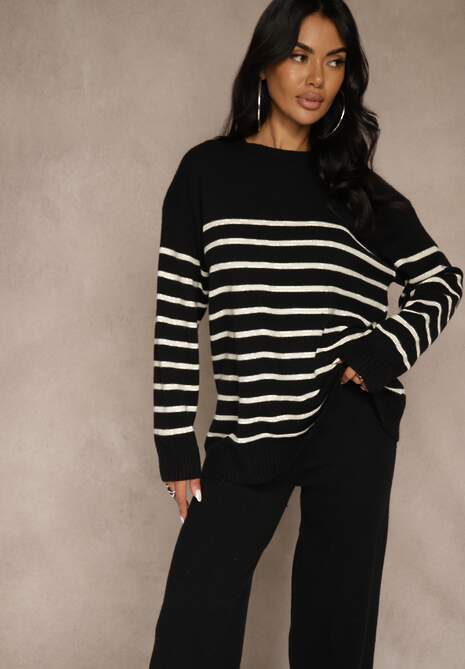 Czarny Komplet z Bawełną i Wełną Spodnie o Szerokim Kroju i Sweter w Paski Reimeia 5