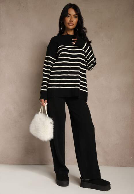 Czarny Komplet z Bawełną i Wełną Spodnie o Szerokim Kroju i Sweter w Paski Reimeia