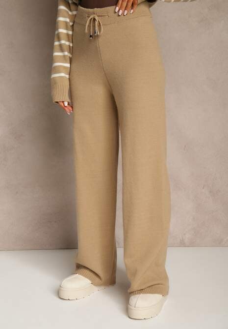 Ciemnobeżowy Komplet z Bawełną i Wełną Spodnie o Szerokim Kroju i Sweter w Paski Reimeia 4