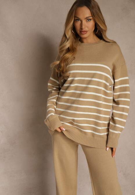 Ciemnobeżowy Komplet z Bawełną i Wełną Spodnie o Szerokim Kroju i Sweter w Paski Reimeia 5