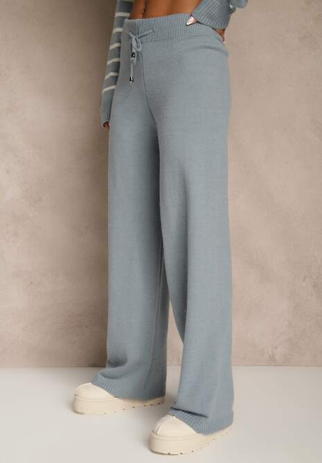 Niebieski Komplet z Bawełną i Wełną Spodnie o Szerokim Kroju i Sweter w Paski Reimeia 4