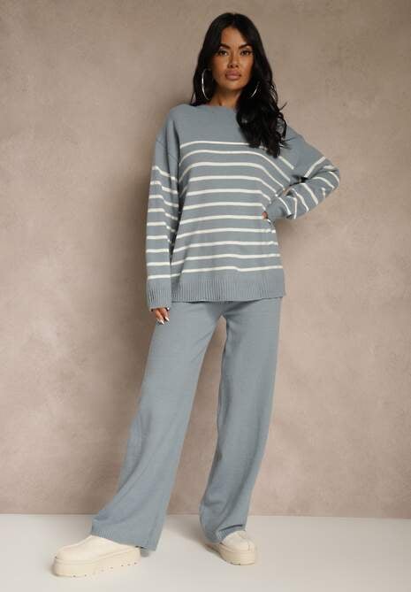Niebieski Komplet z Bawełną i Wełną Spodnie o Szerokim Kroju i Sweter w Paski Reimeia