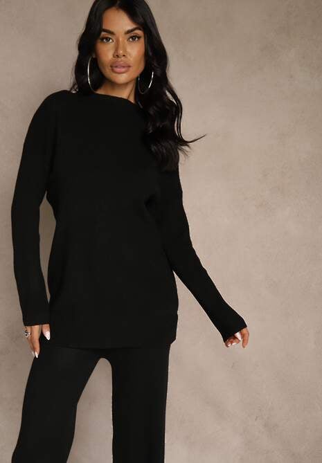 Czarny Komplet z Wełną i Bawełną Szerokie Spodnie i Sweter o Długim Kroju Reilissa 4